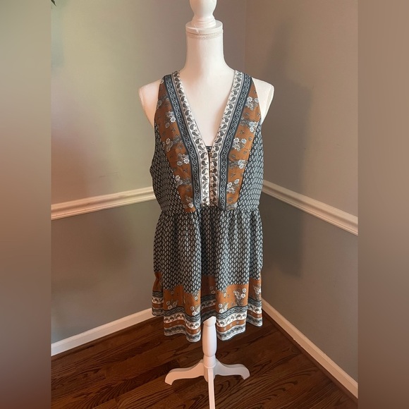 In loom by Anthropologie Brown and Blue Sleeveless Halter Midi Sundress - Large - Picture 1 of 5